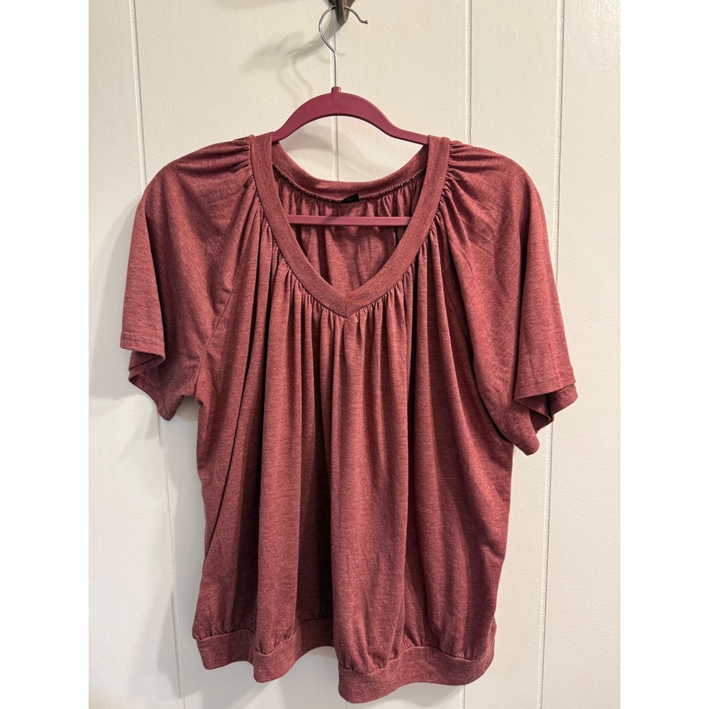 Shein Curve Womens 2XL Dark Rose Heathered V-Neck Pleated Banded Hem Blouse Top